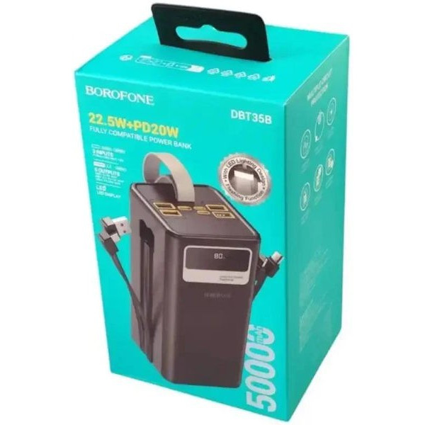 Портативний зарядний пристрій Power Bank BOROFONE DBT35B 50000 mAh, з вбудованими кабелями Black