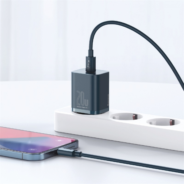 Мережевий зарядний пристрій Baseus Super Si Quick Charger 1C 20W/Simple Wisdom Data Cable Type-C to iP 1m Blue